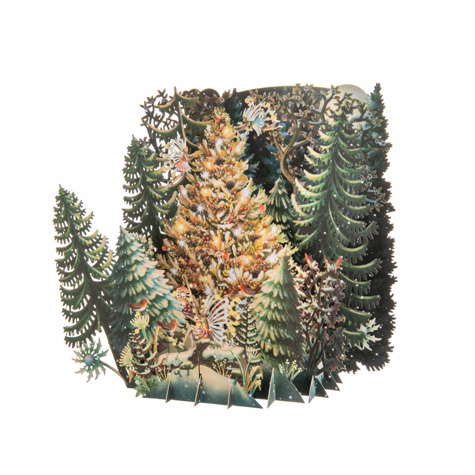 Decorative paper cutout pop up greeting card of a Christmas scene with trees and ornaments on a white background