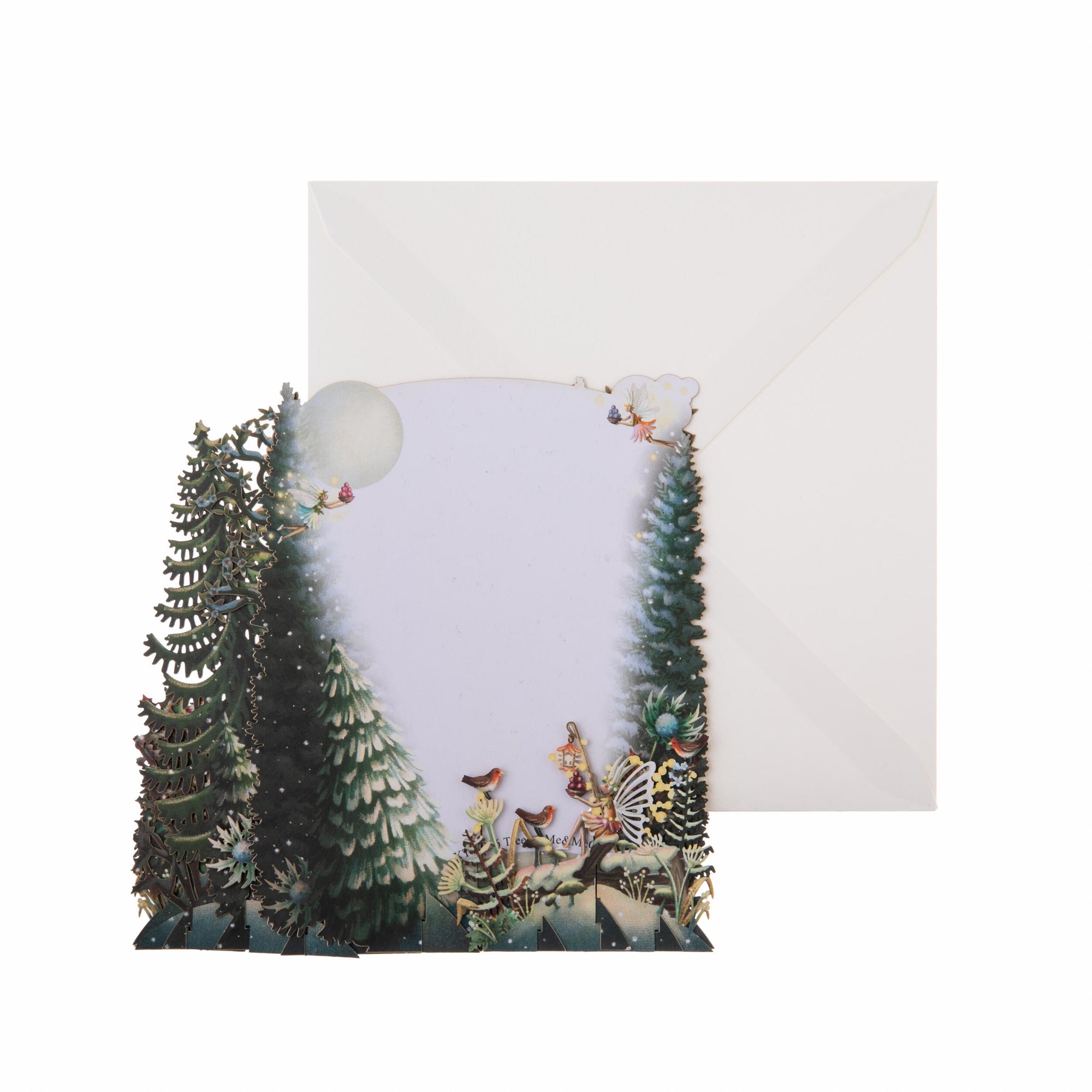 Decorative paper cutout pop up greeting card of a Christmas scene with trees and ornaments on a white background