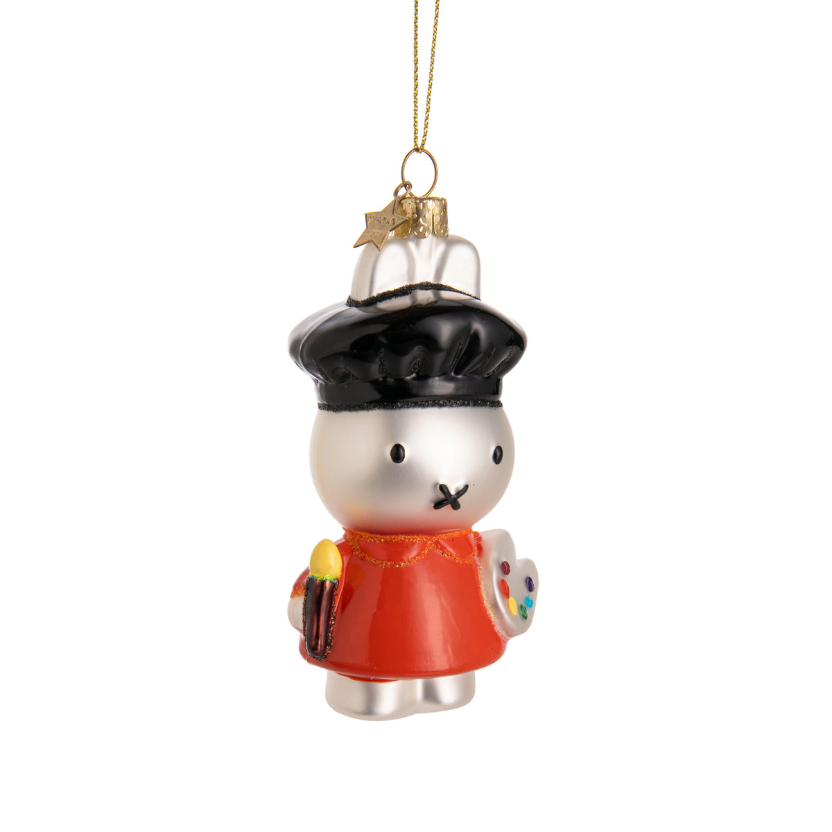 Decorative ornament of a character in Miffy in an artist's outfit with a black hat on a white background