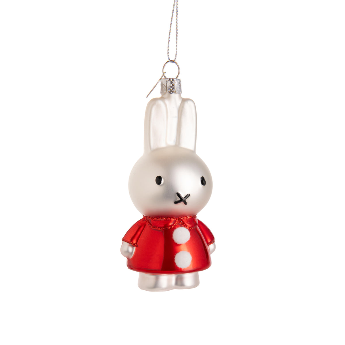 Decorative glass figure of a Miffy in a red outfit with white pom-pom buttons on a white background