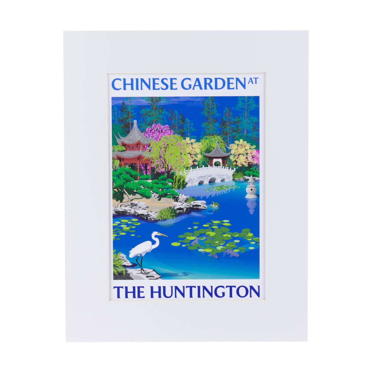 A travel poster print of the Chinese Garden at The Huntington, featuring a colorful illustration of a pond with lily pads, a white heron, pagoda-style pavements, and blue water, set against a white poster background.