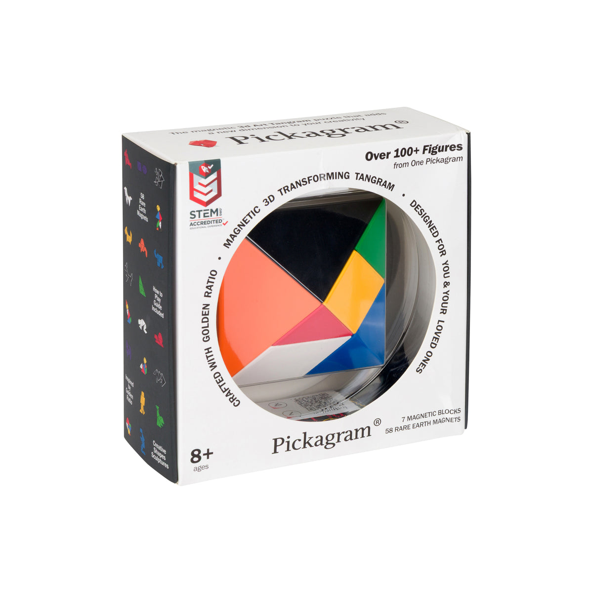 Pickagram 3D transforming tangram set in its retail packaging, featuring a colorful geometric tangram inside a circular window on a white box.