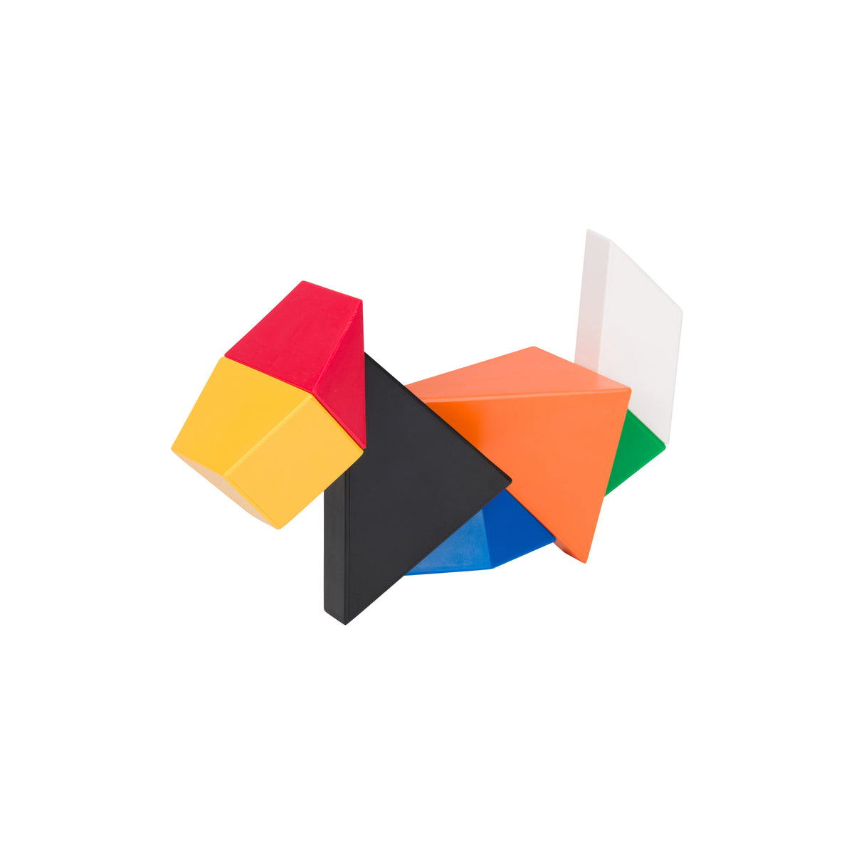 A colorful geometric block toy sculpture on a plain white background. The sculpture is made of multiple interlocking blocks in red, yellow, black, orange, blue, green, and white.