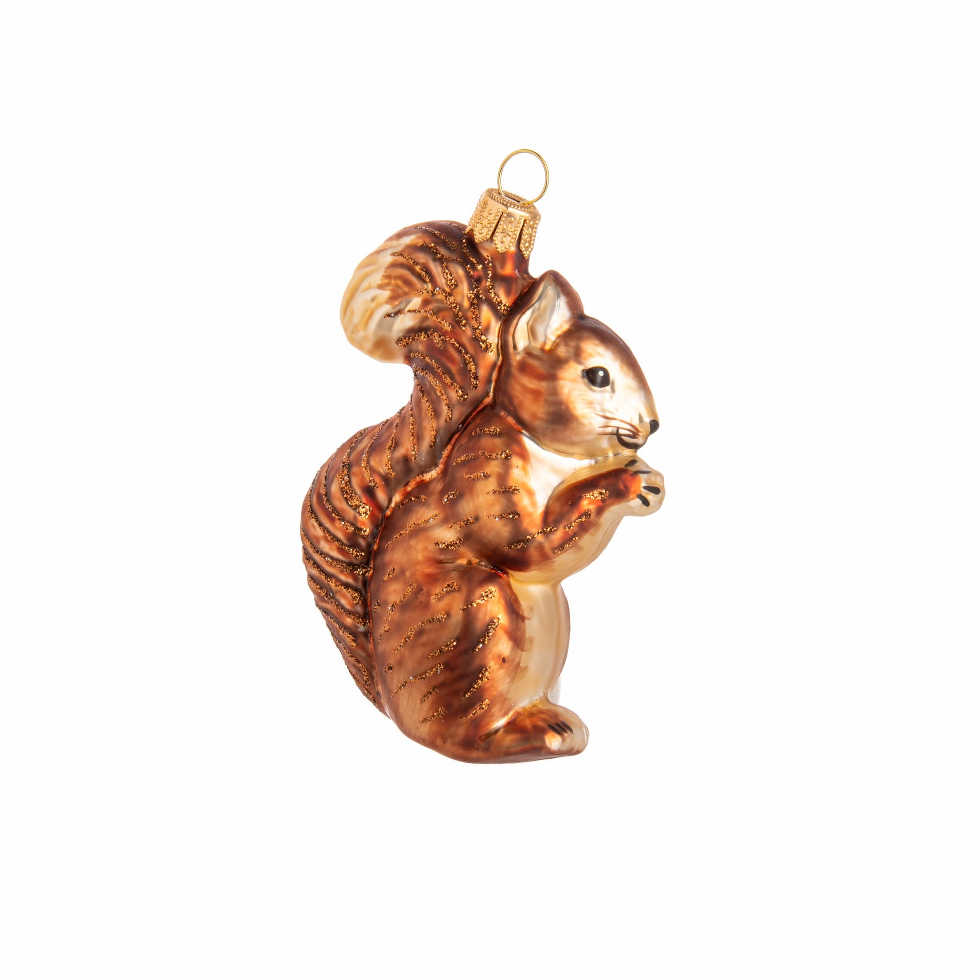 Glass squirrel ornament on a white background