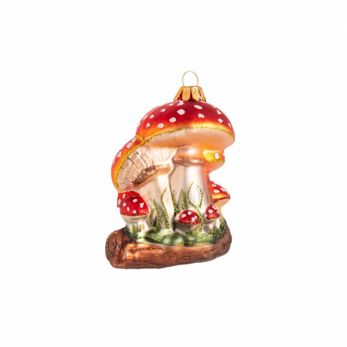 Decorative mushroom ornament with red caps and white spots on a white background
