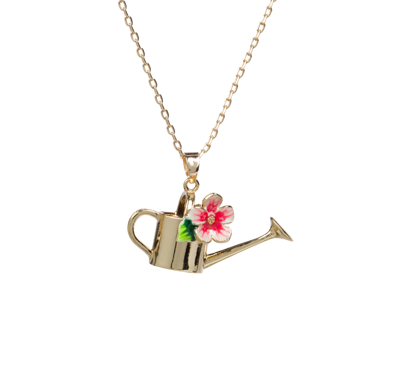 A gold-plated watering can pendant necklace with a small pink and red flower and green leaves, shown on a plain white background.