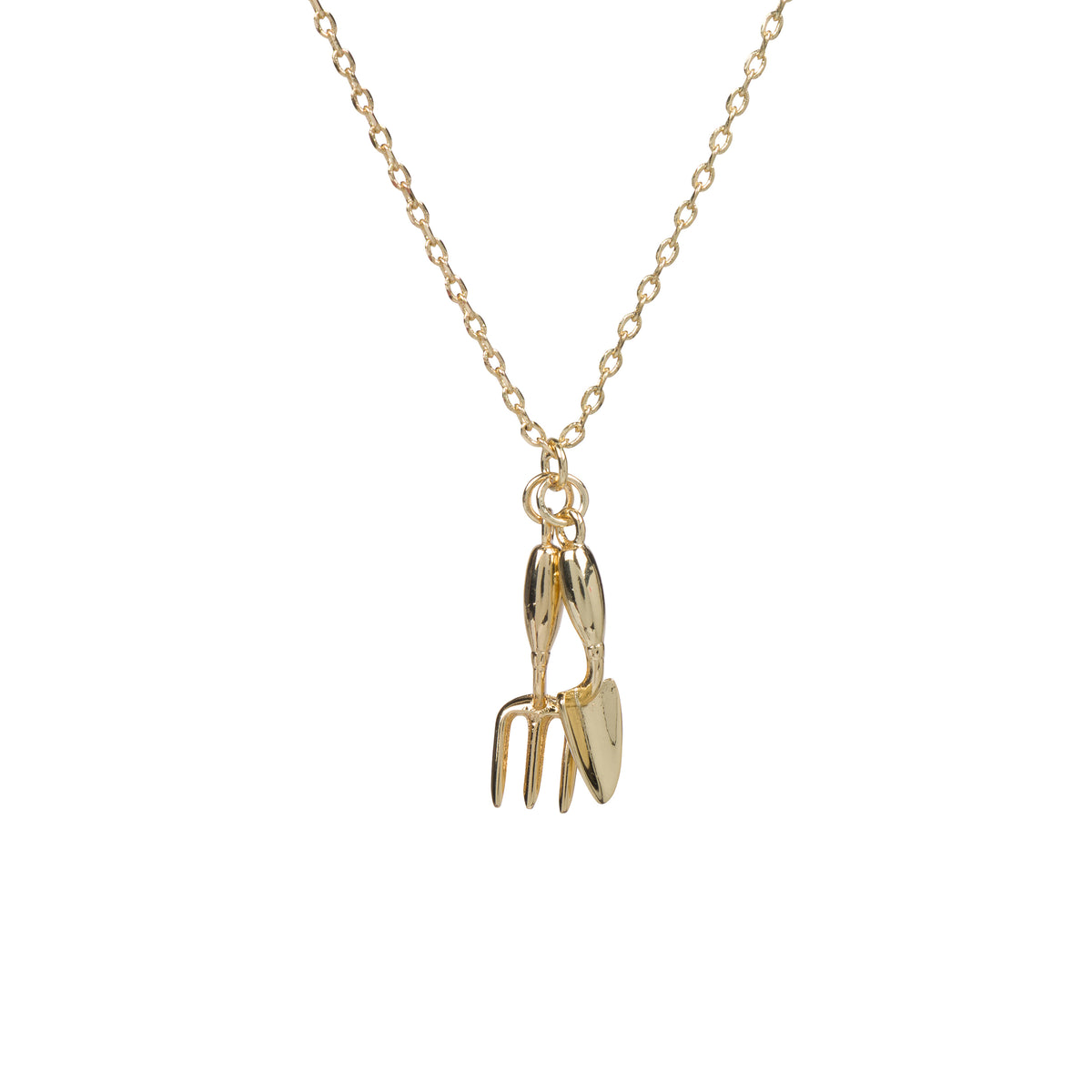 A gold chain necklace featuring a gardening spade and trowel pendant, shown against a plain white background.