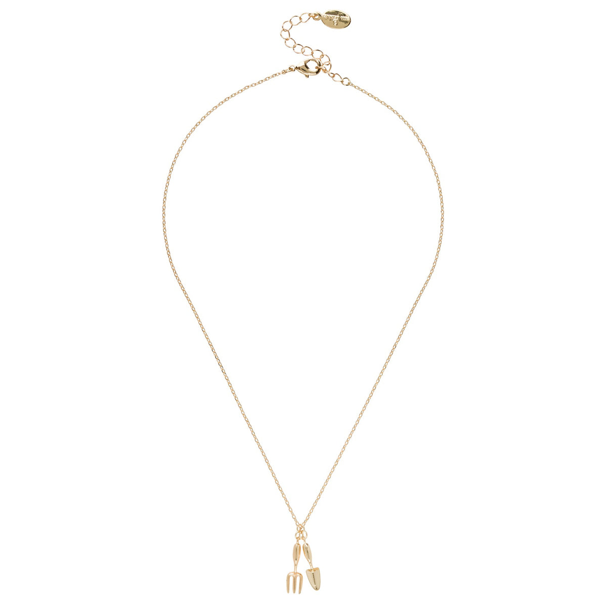A gold chain necklace featuring a gardening spade and trowel pendant, shown against a plain white background.