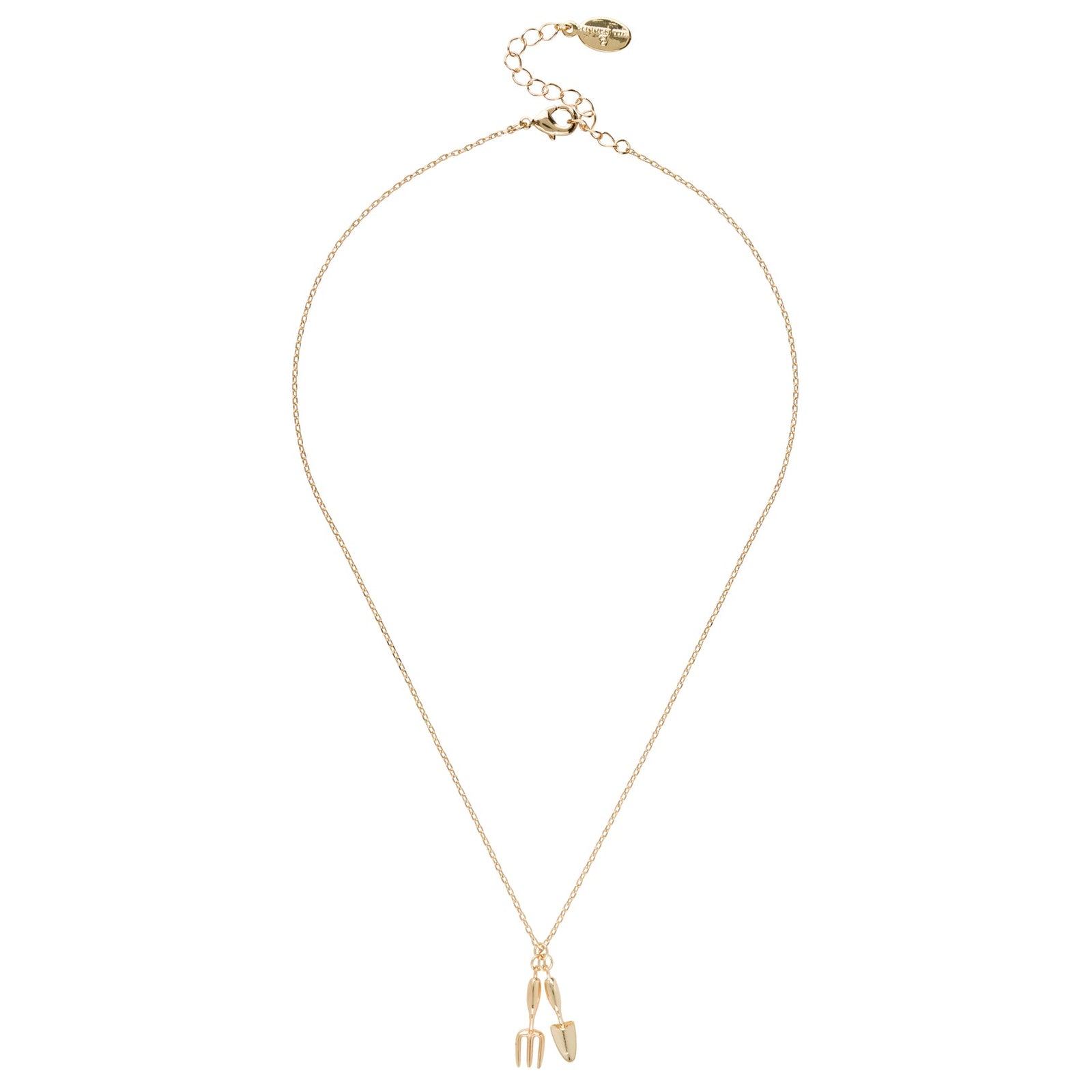 A gold chain necklace featuring a gardening spade and trowel pendant, shown against a plain white background.