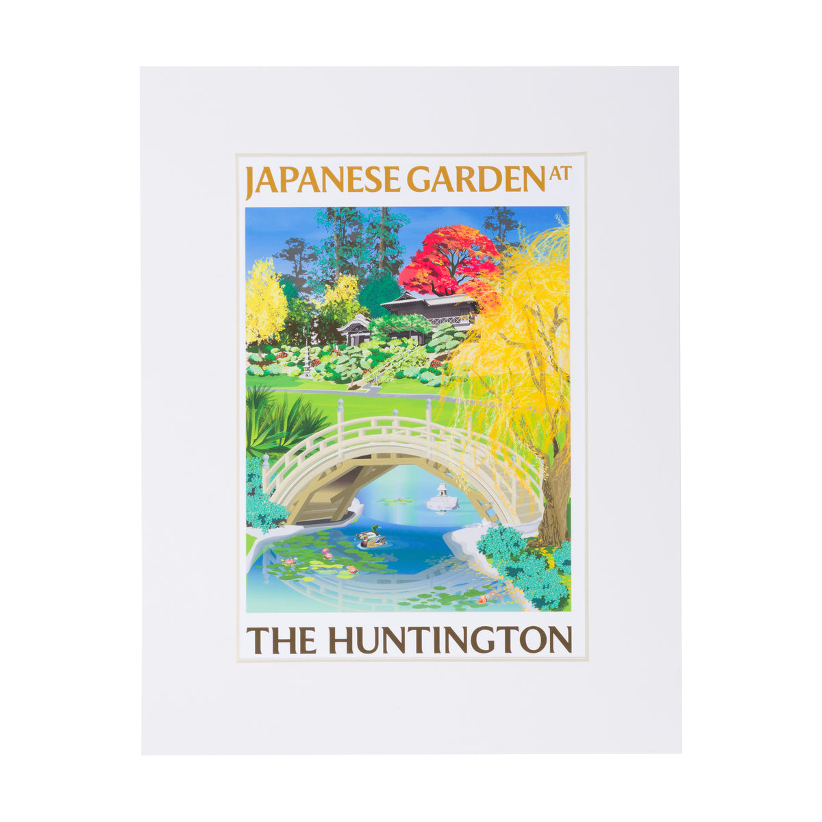 A travel style poster print featuring a colorful illustration of a Japanese garden at The Huntington, with a white border and the title text at the top and bottom.