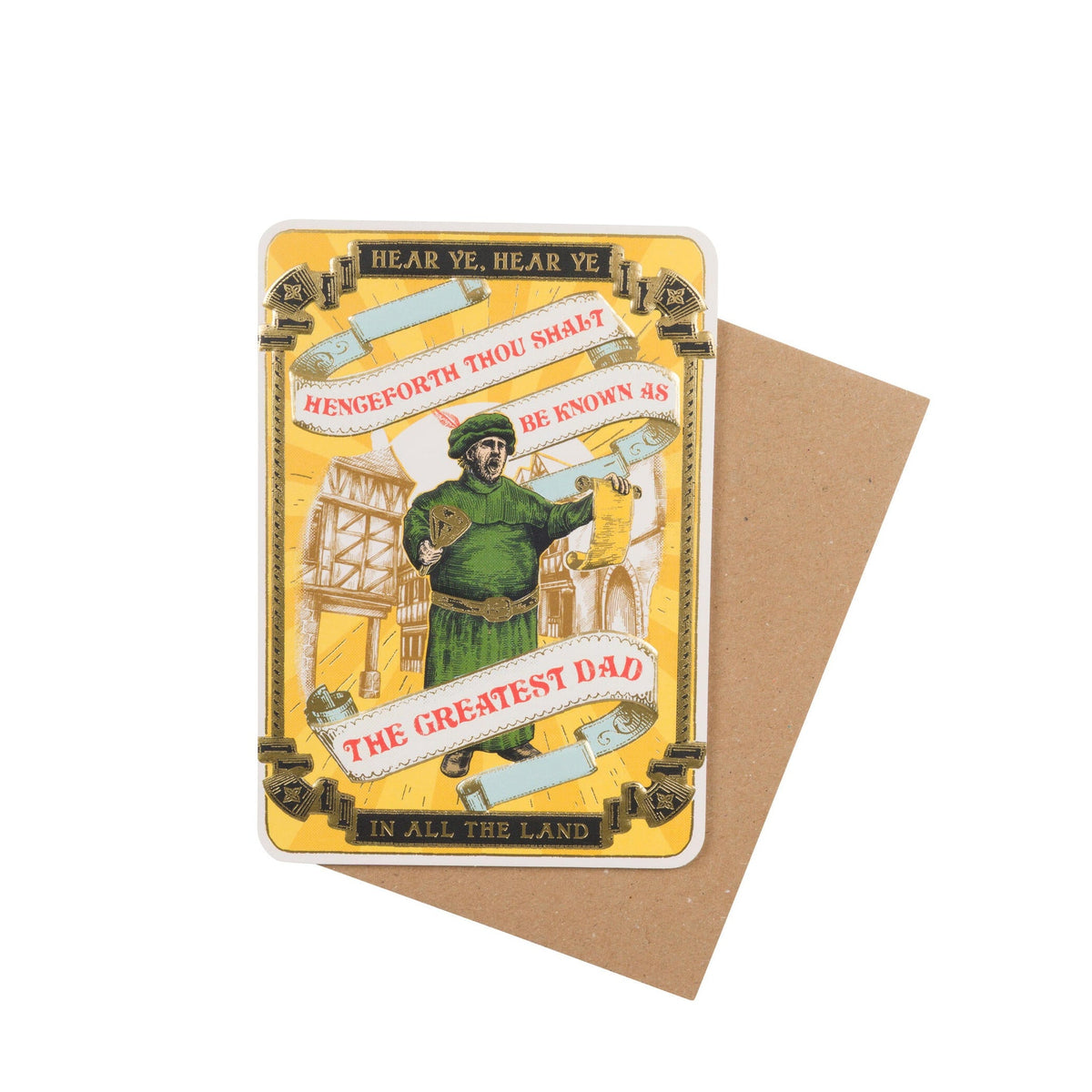 Greeting card with a humorous design of a character labeled 'The Greatest Dad in All the Land' on a white background.