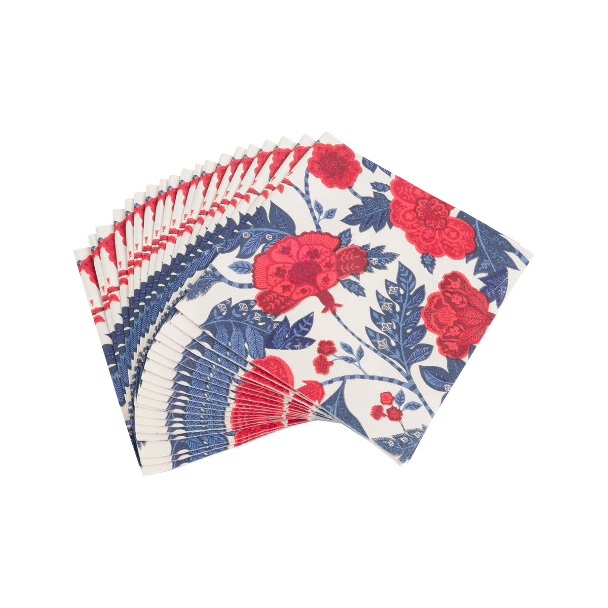 Set of folded paper napkins with red and blue floral pattern on a white background