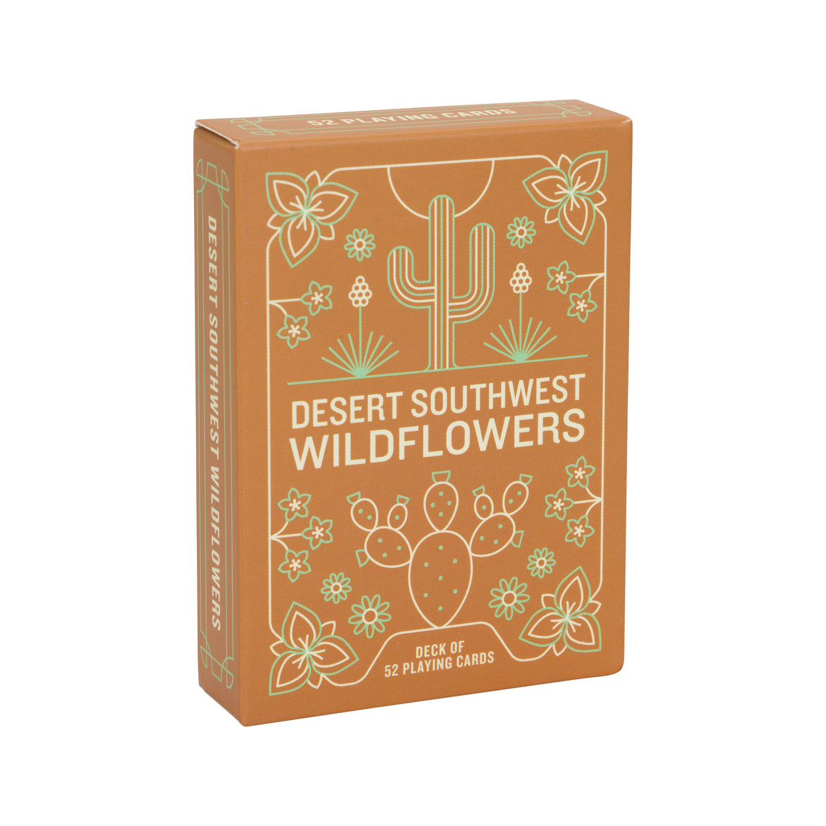 A rectangular card deck box centered on a light gray background. The box is a warm tan/caramel color with pale yellow line-art desert motifs, including a cactus, flowers, and small plants.