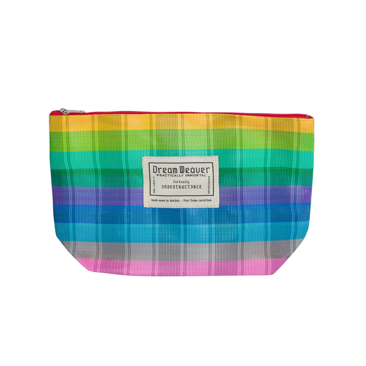 Multicolored plaid pouch with a visible brand label on a white background