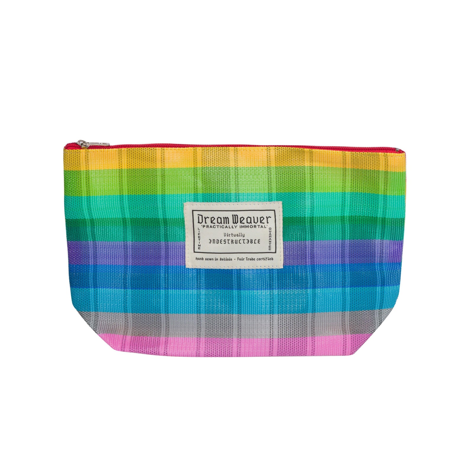 Multicolored plaid pouch with a visible brand label on a white background