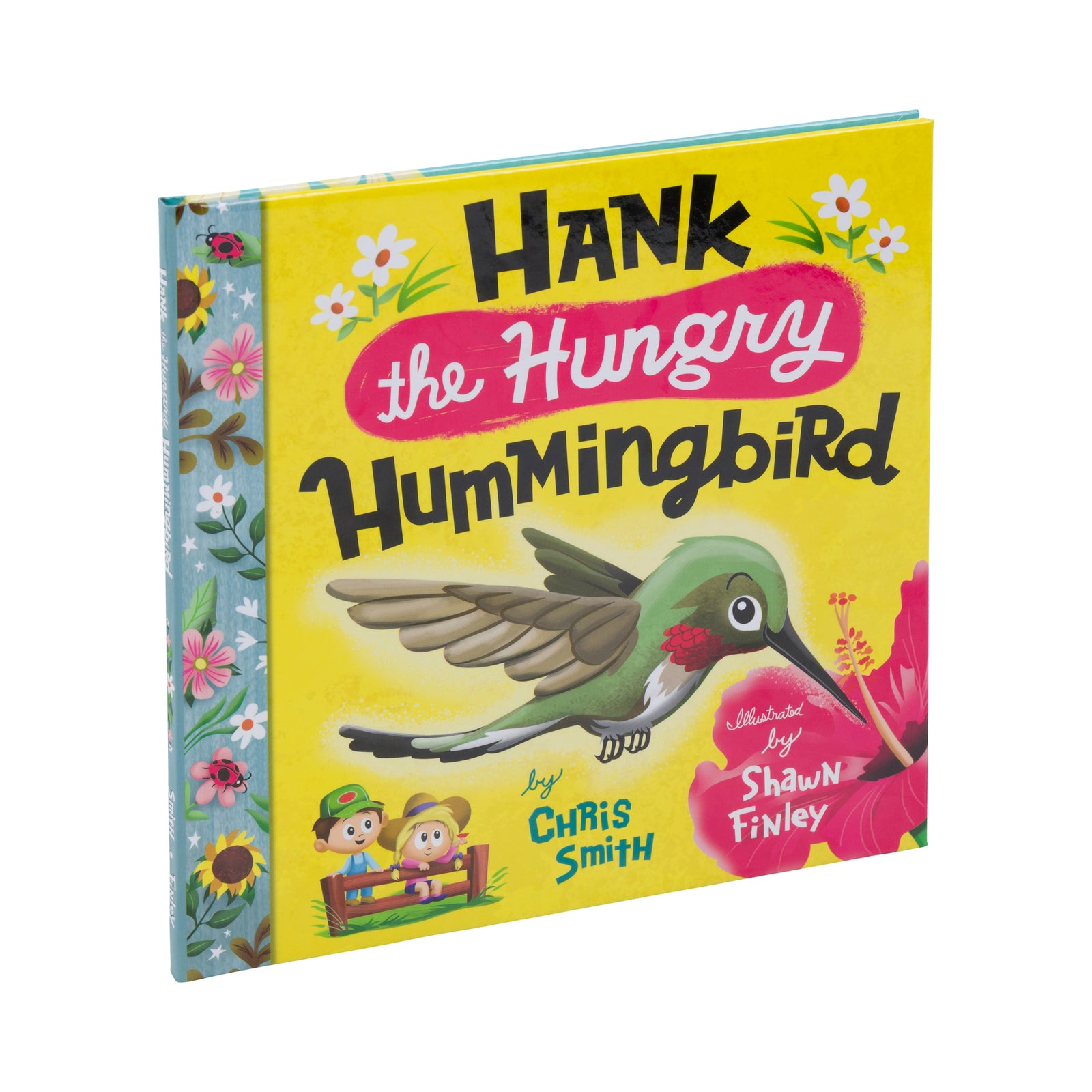 Book cover of 'Hank the Hungry Hummingbird' with a colorful illustration of a hummingbird and flowers.