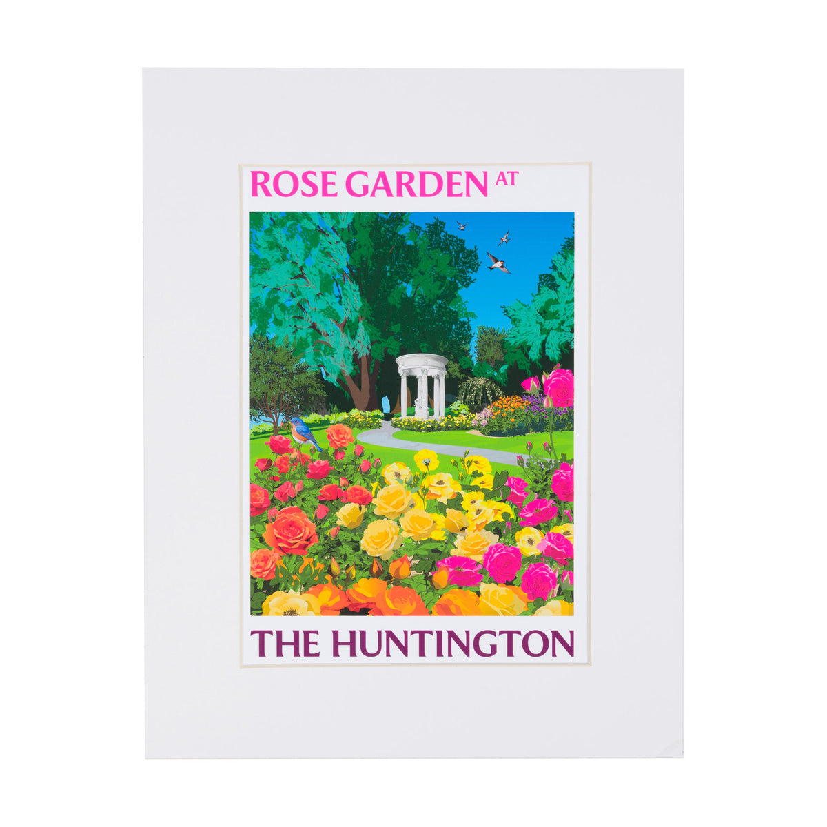 Poster of the Rose Garden at The Huntington with colorful flowers and a white frame.