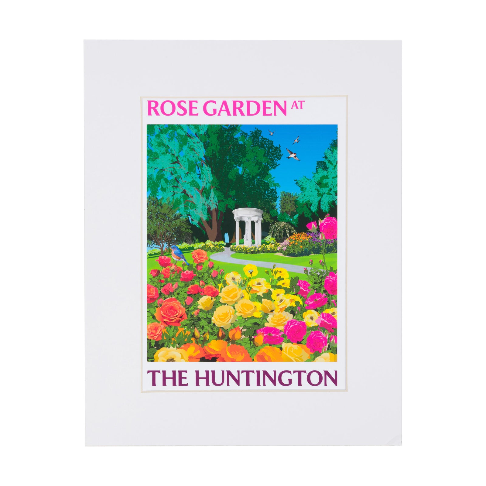 Poster of the Rose Garden at The Huntington with colorful flowers and a white frame.