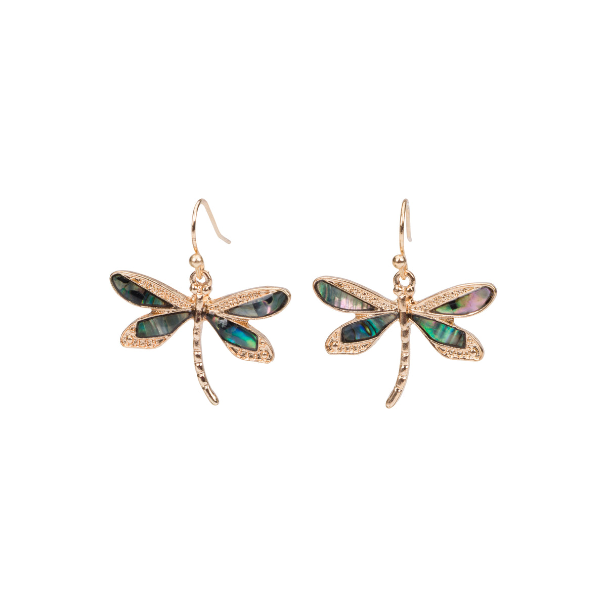 Gold tone earrings shaped like dragonflies with abalone inserts on the wings, on a white background.