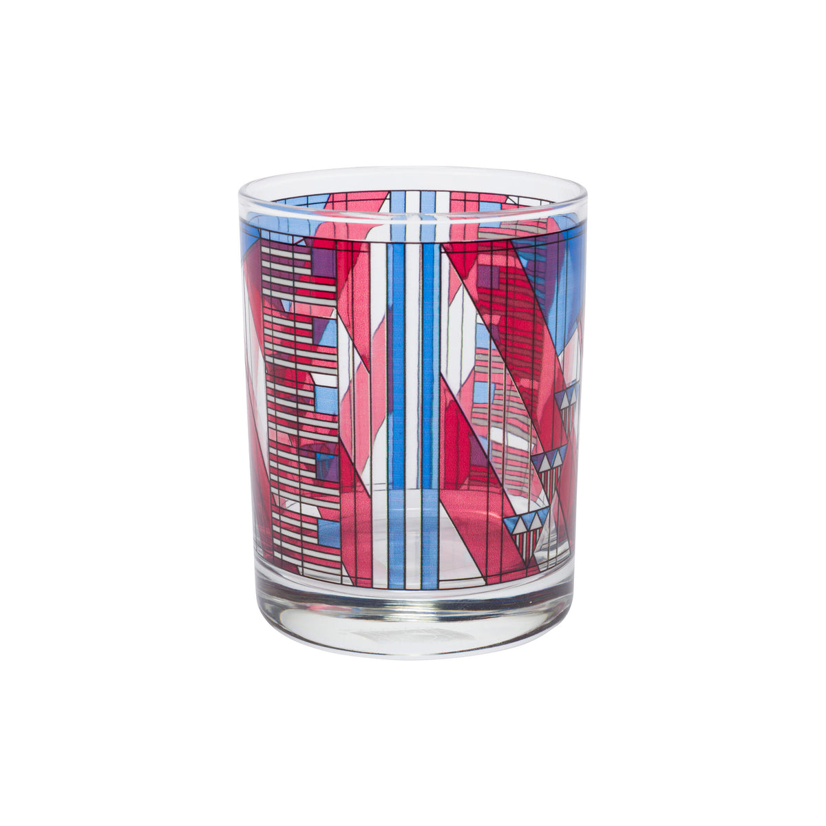 Glass tumbler with geometric pattern on a white background