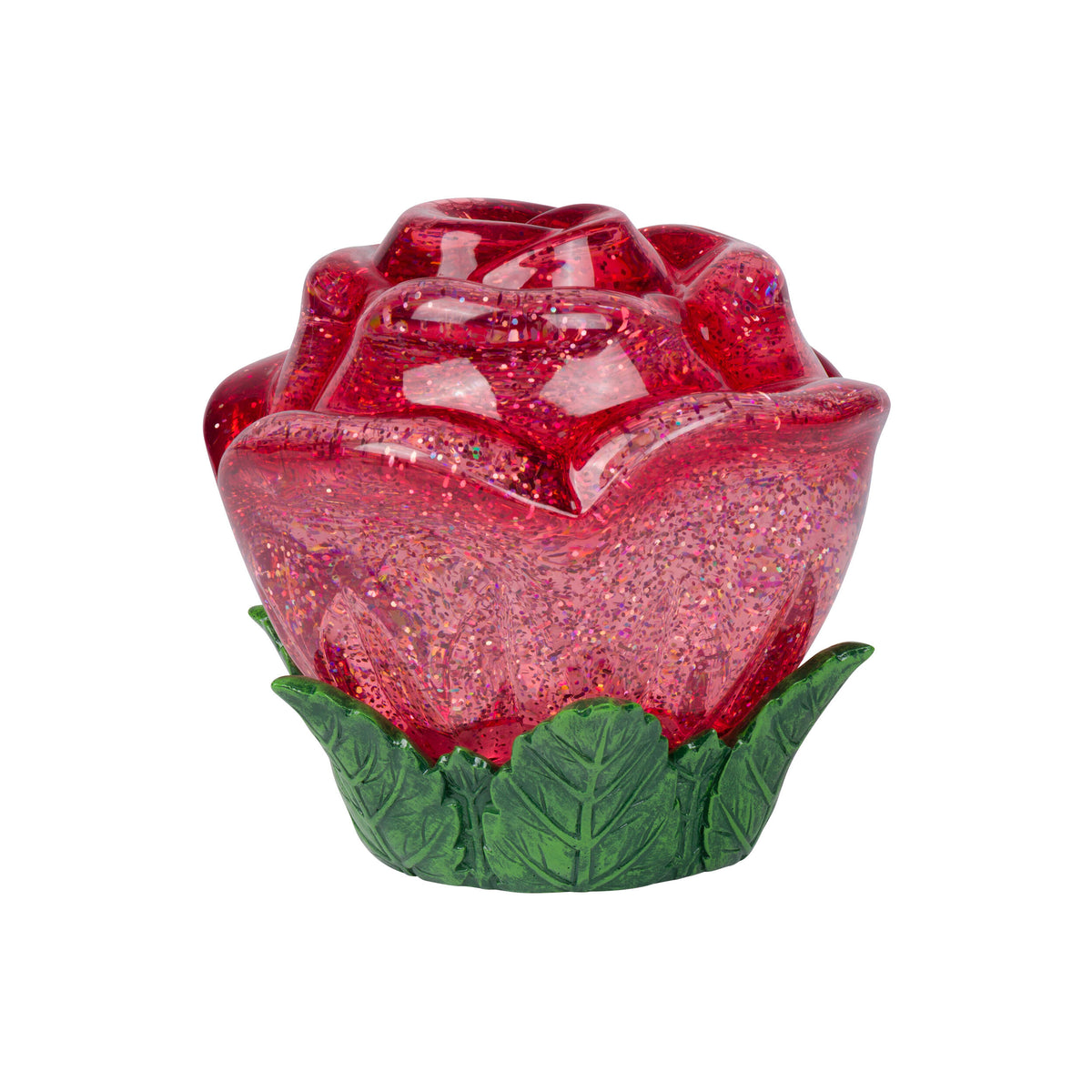 Red rose-shaped LED light with green base on a white background