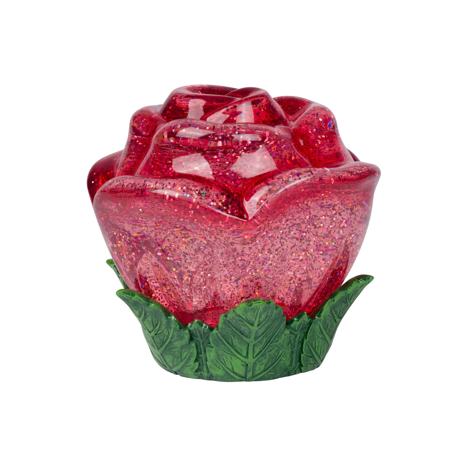 Red rose-shaped LED light with green base on a white background