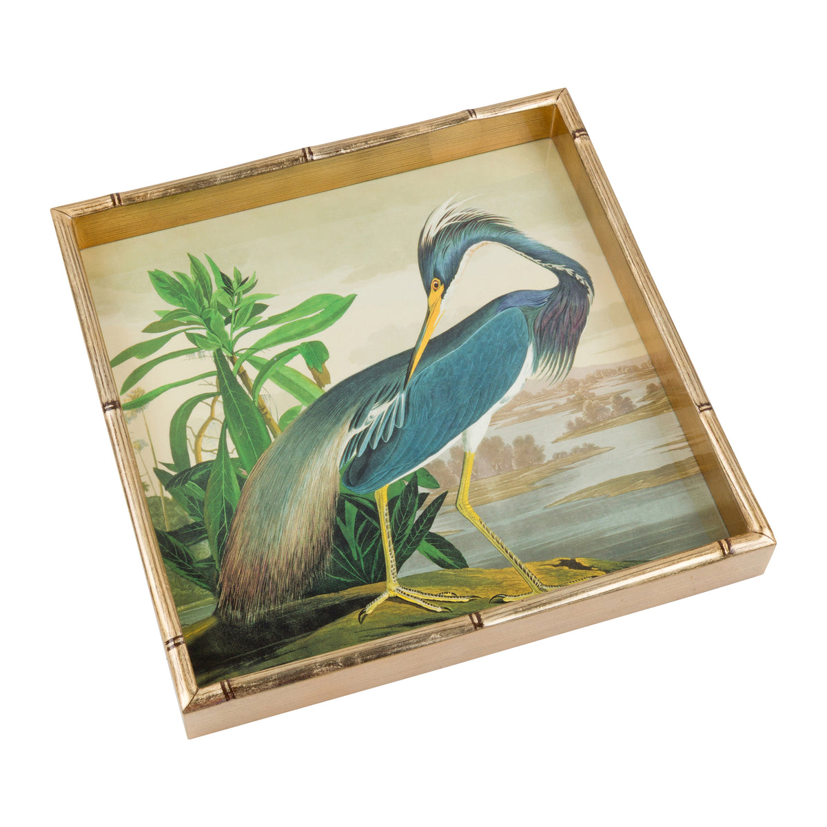 A square decorative tray with a bamboo-style gold frame, featuring a John James Audubon vintage-style illustration of a blue heron standing near green plants and water.