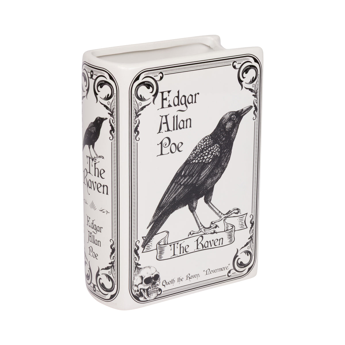 A white ceramic book-shaped vase featuring black printed illustrations of a raven and the text 'Edgar Allan Poe' and 'The Raven' on the front and spine.