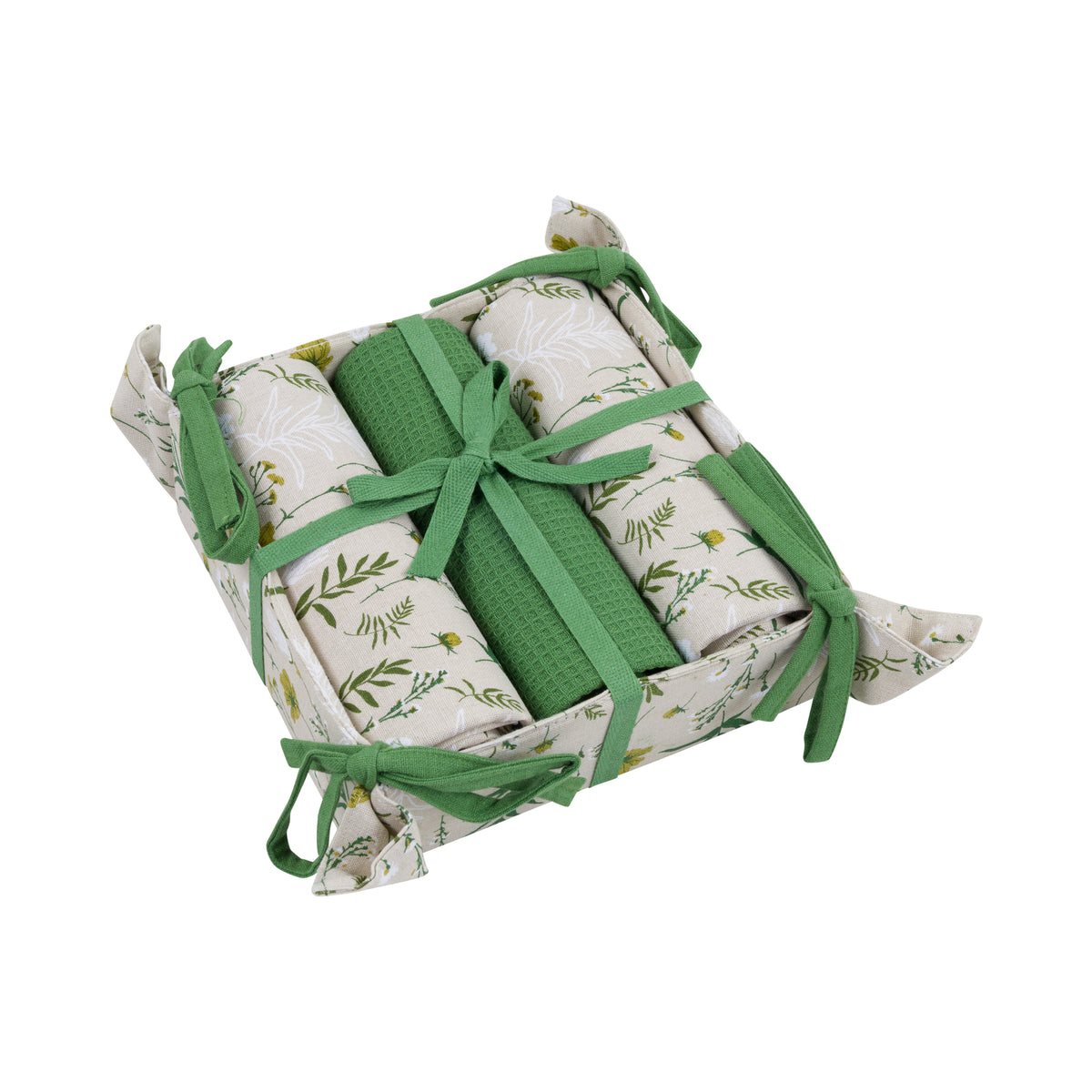 A gift-wrapped set of rolled kitchen towels tied with green ribbon bows, photographed on a plain white background.
