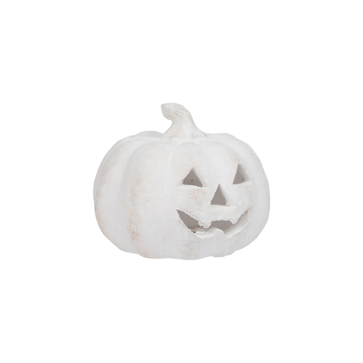 A small white carved jack-o'-lantern pumpkin decoration with a textured, weathered finish, isolated on a solid white background.