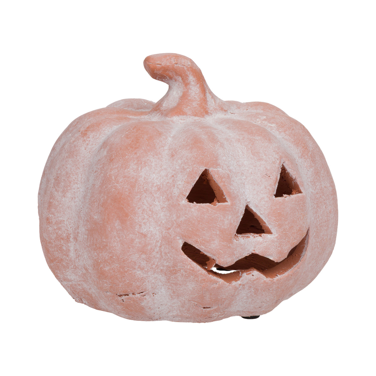A terracotta-colored jack-o'-lantern pumpkin decoration with a carved triangular face and stem, shown on a plain white background.