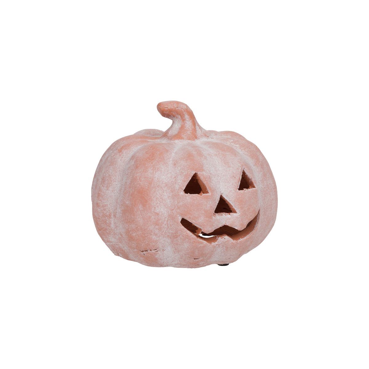 A small decorative jack-o'-lantern pumpkin figurine with a textured, dusty pinkish-orange finish, shown against a plain white background.
