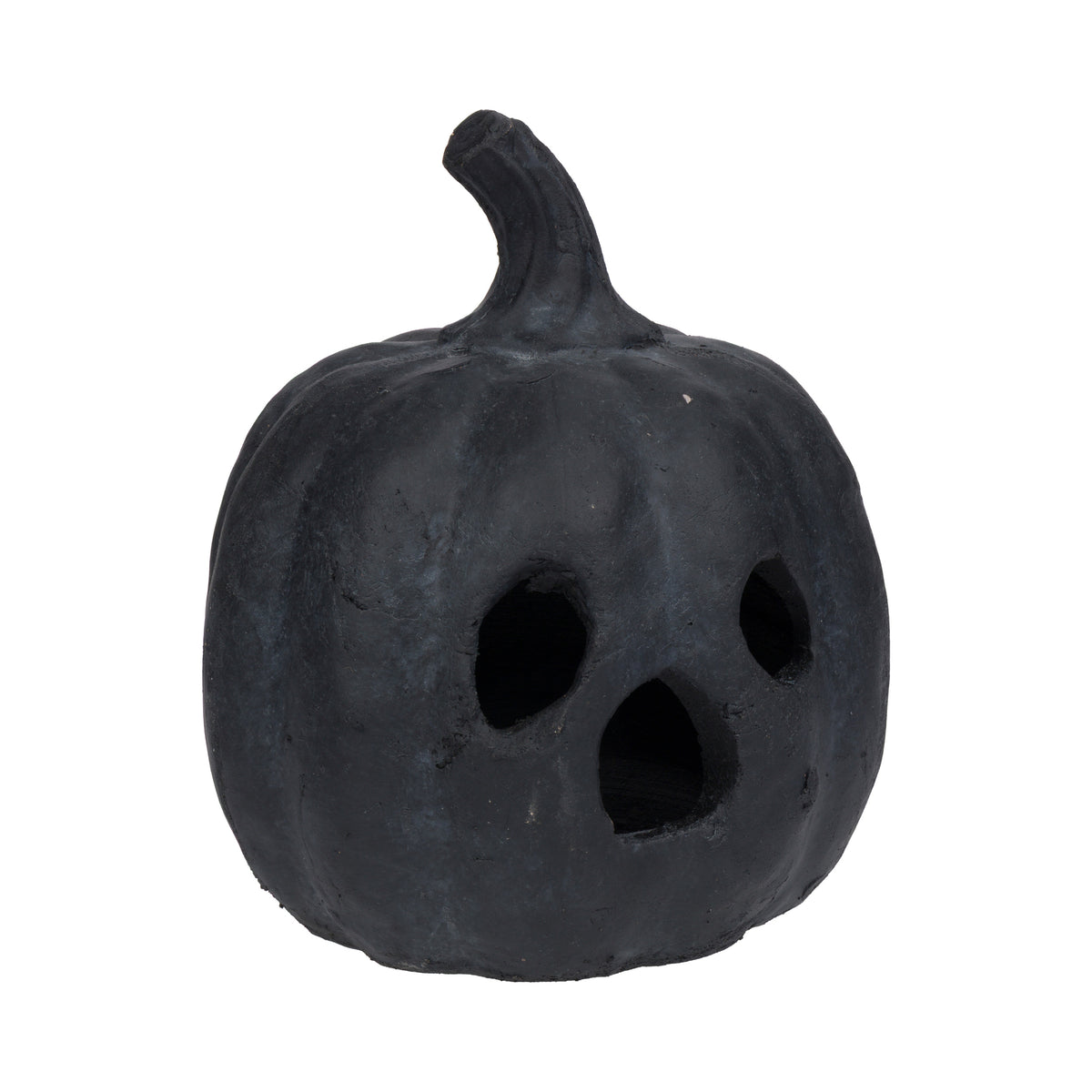 A black decorative jack-o'-lantern pumpkin with a textured, matte finish and carved eye and mouth cutouts, isolated on a white background.