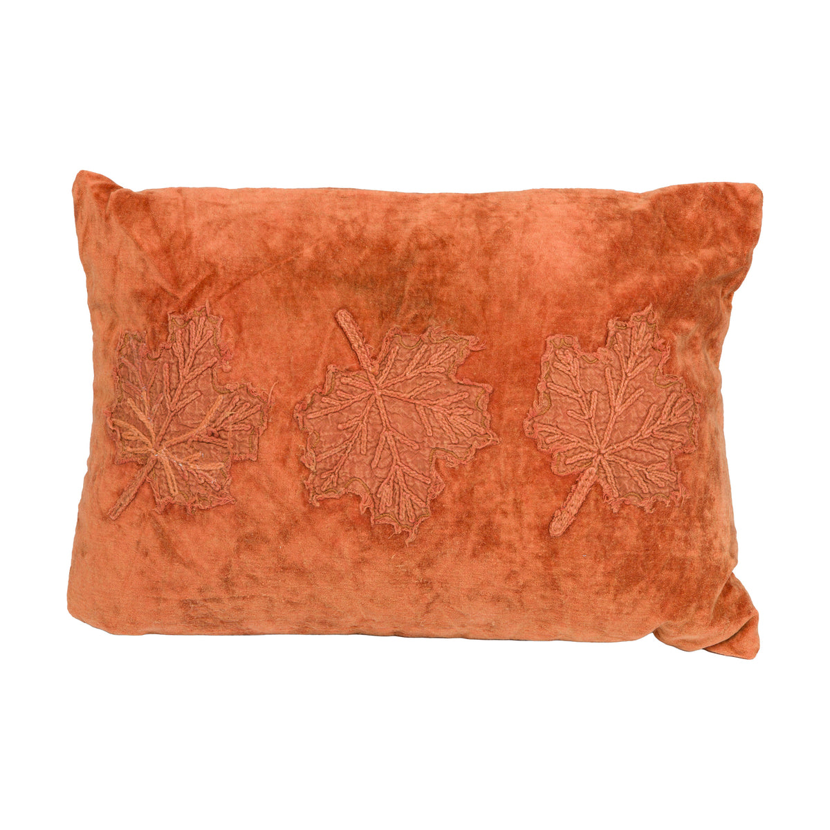 BURNT ORANGE VELVET LEAF MOTIF PILLOW