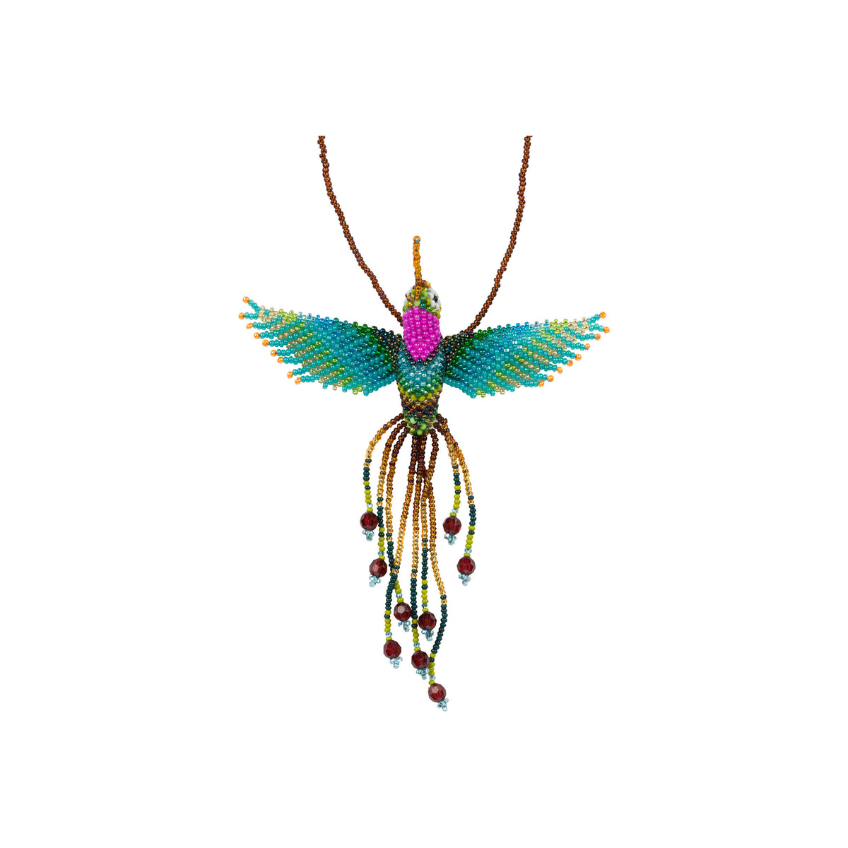 Colorful beaded hummingbird pendant necklace on a white background