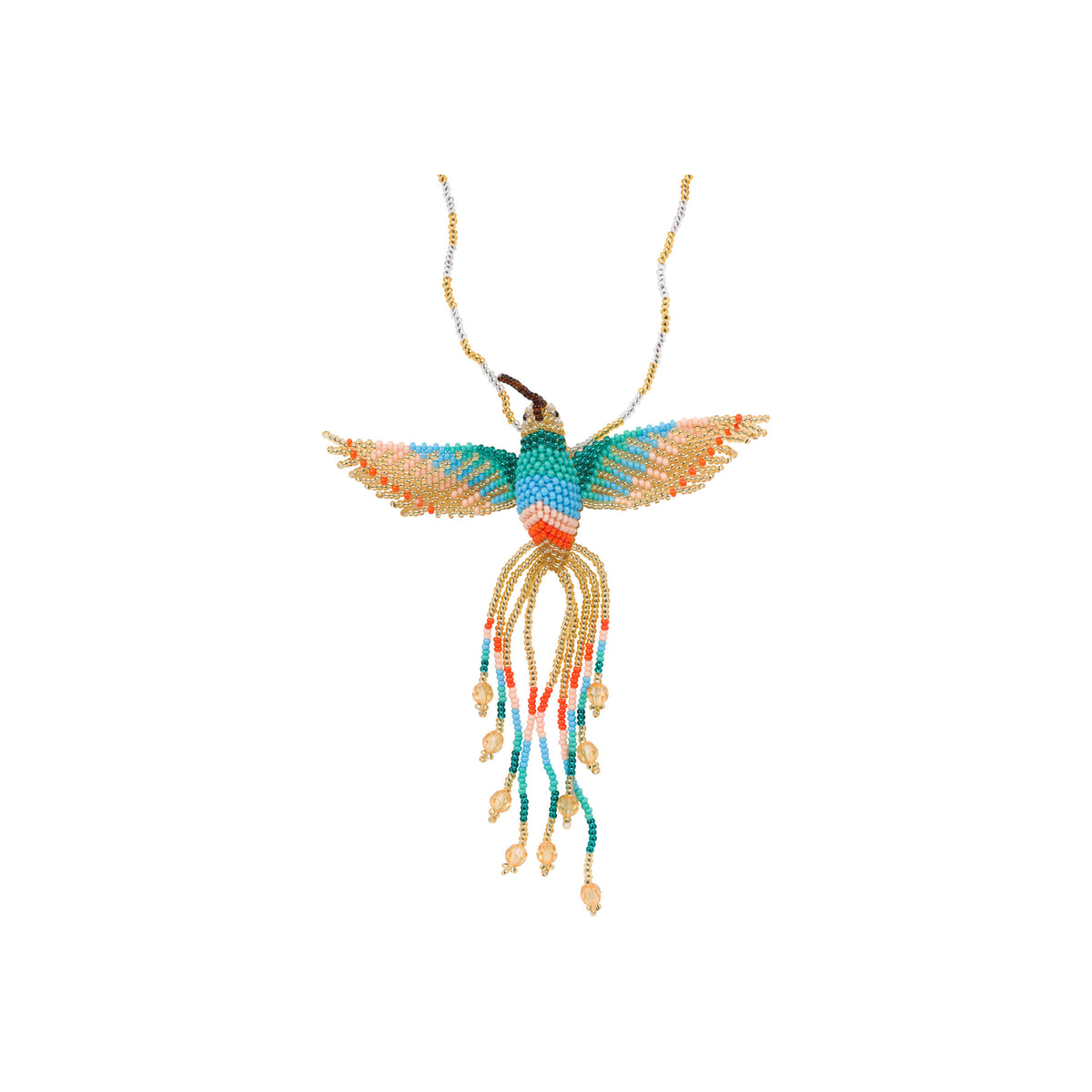 Colorful beaded hummingbird pendant necklace on a white background