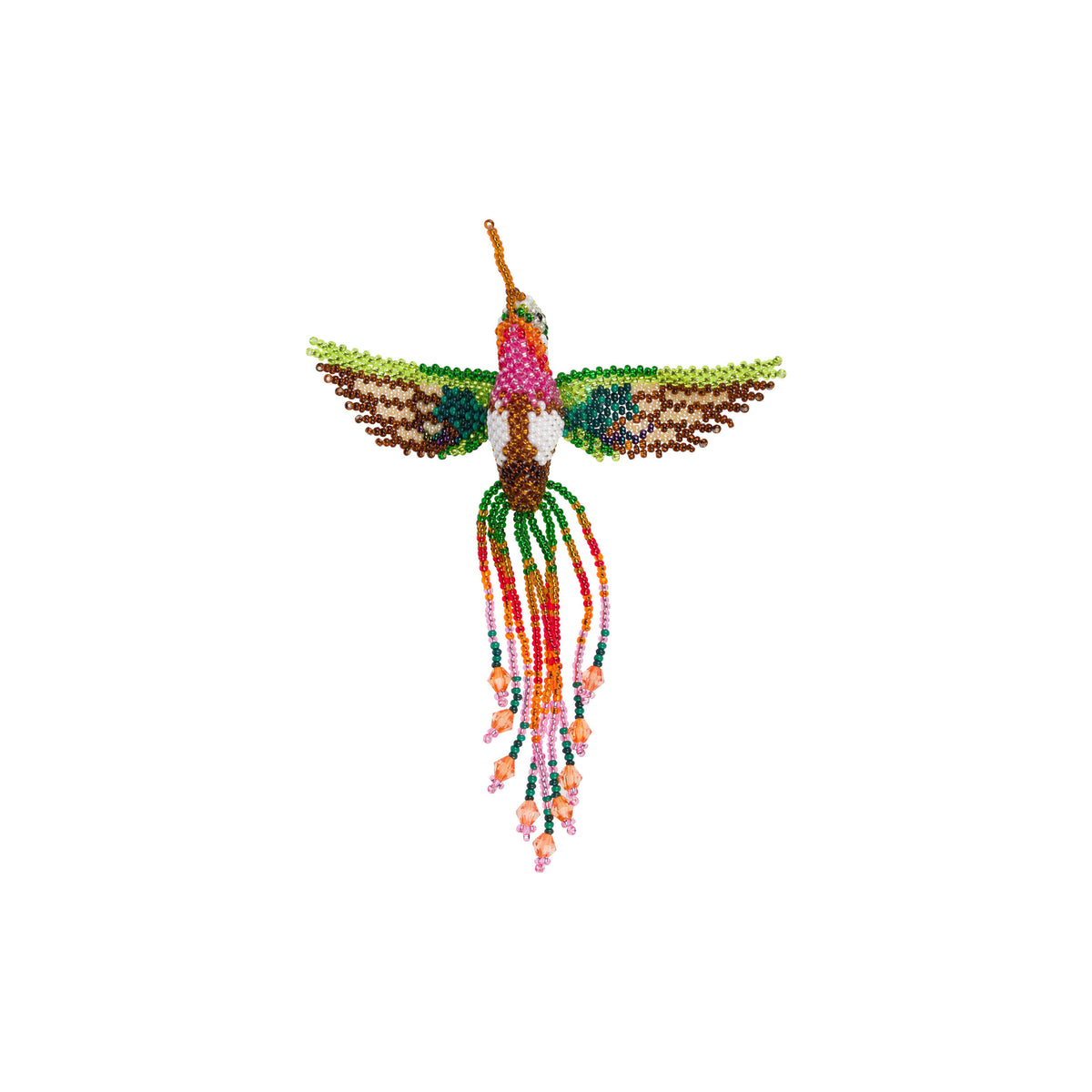 Colorful beaded hummingbird pin brooch on a white background.