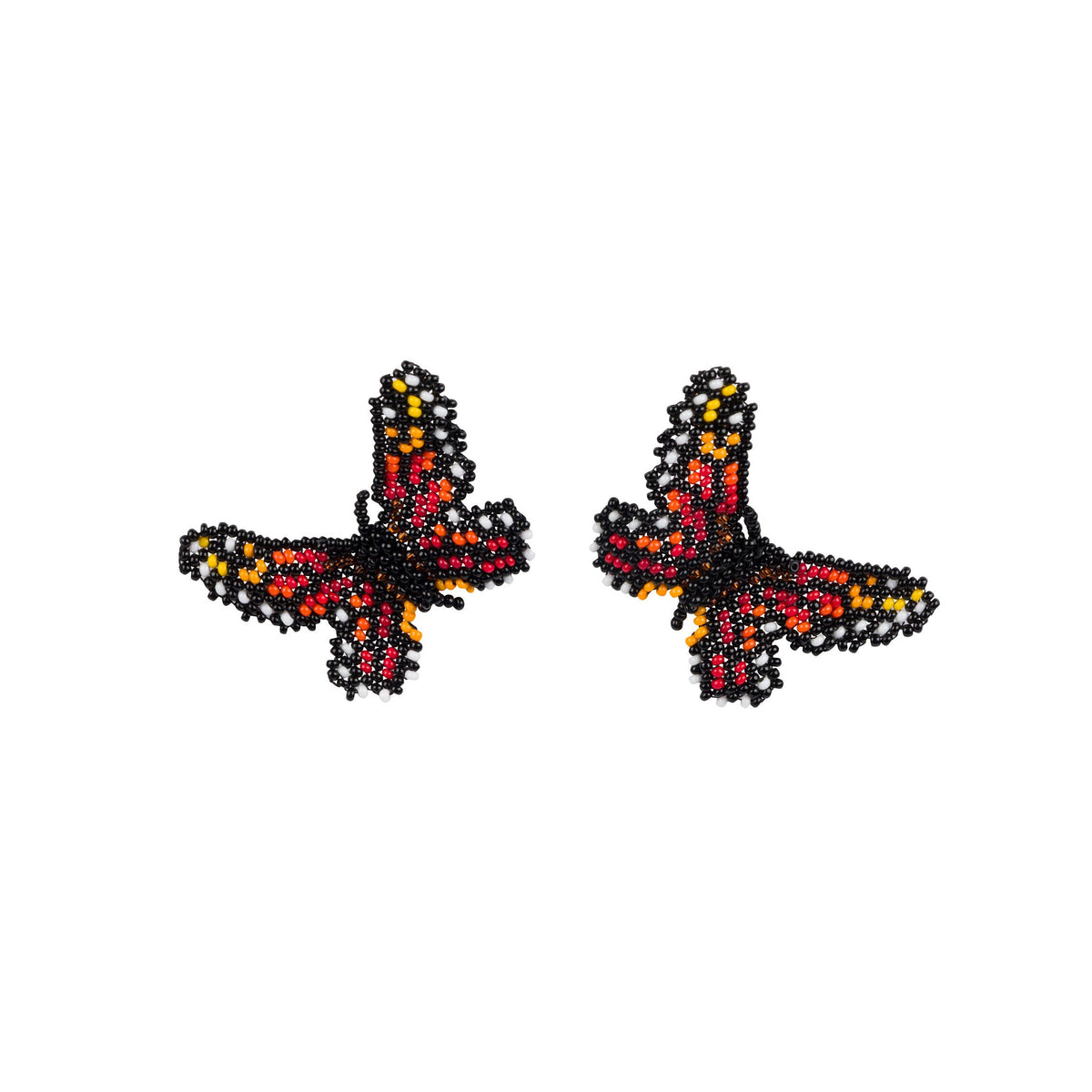 Butterfly-shaped beaded earrings with multicolored beads on a white background