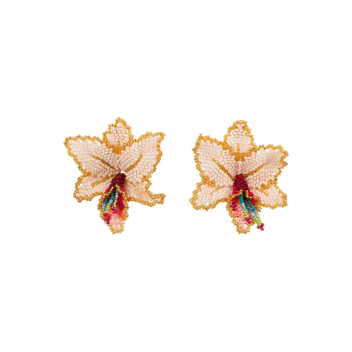 Pair of beaded orchid earrings on a white background