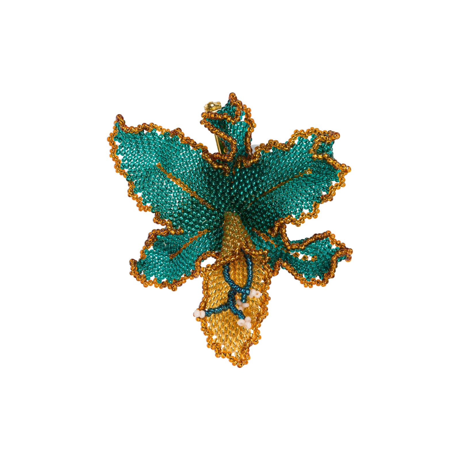 Decorative orchid brooch with beadwork on a white background