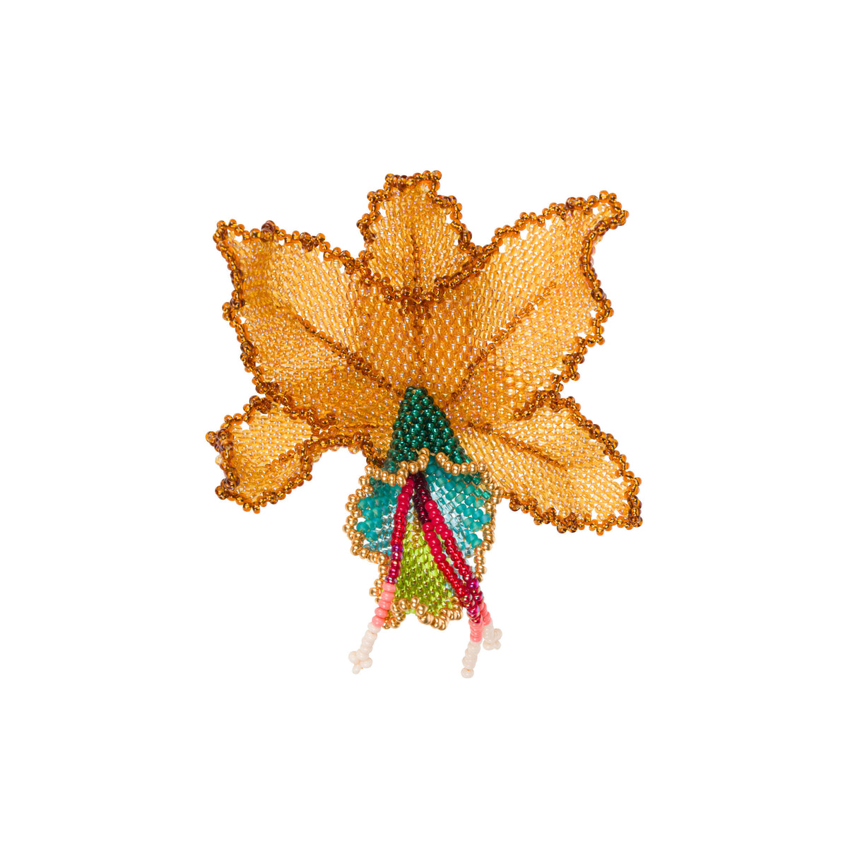 Decorative orchid brooch with beadwork on a white background