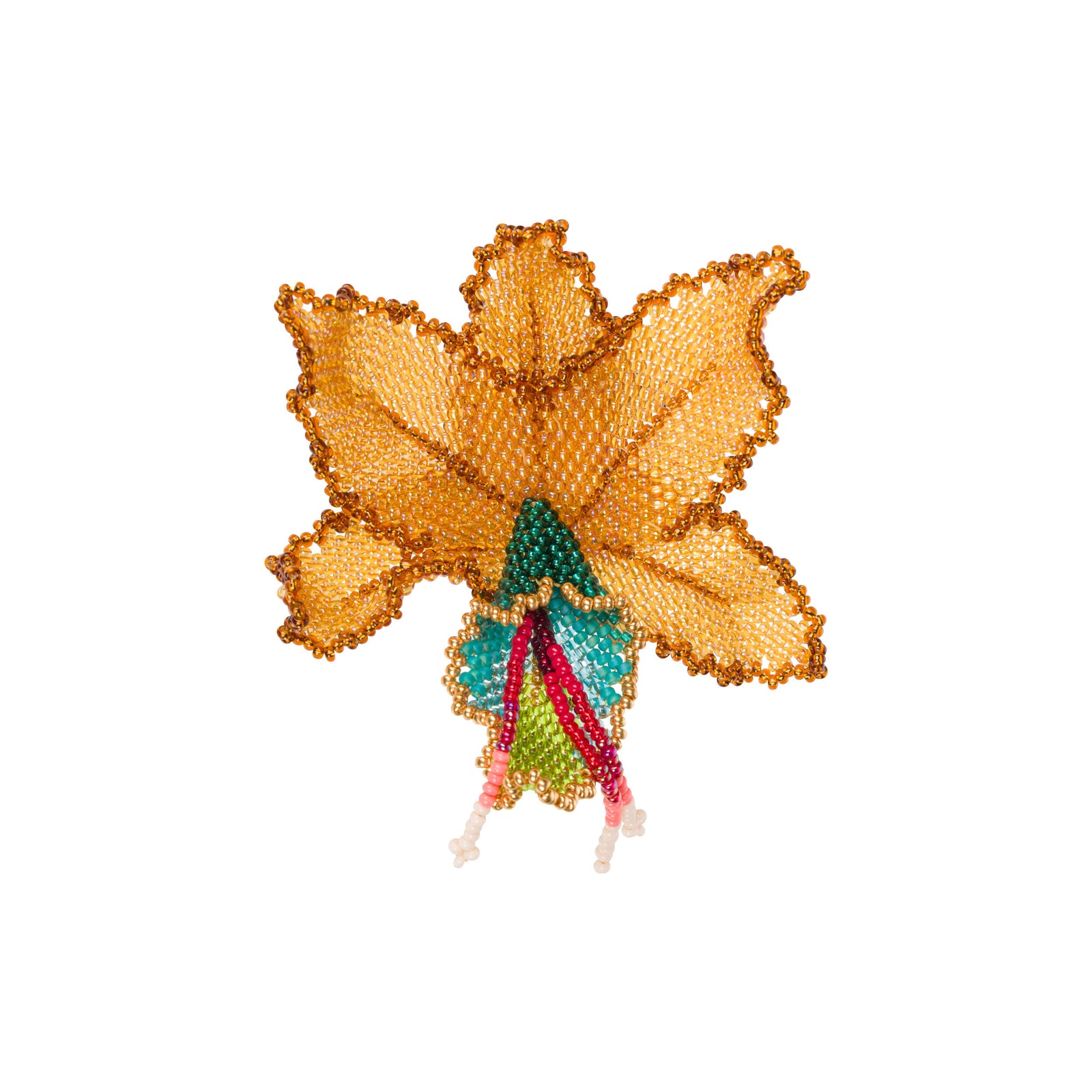 Decorative orchid brooch with beadwork on a white background