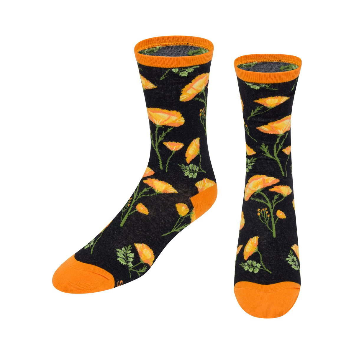 Socks with an orange and yellow California poppy flower print on a black base. 