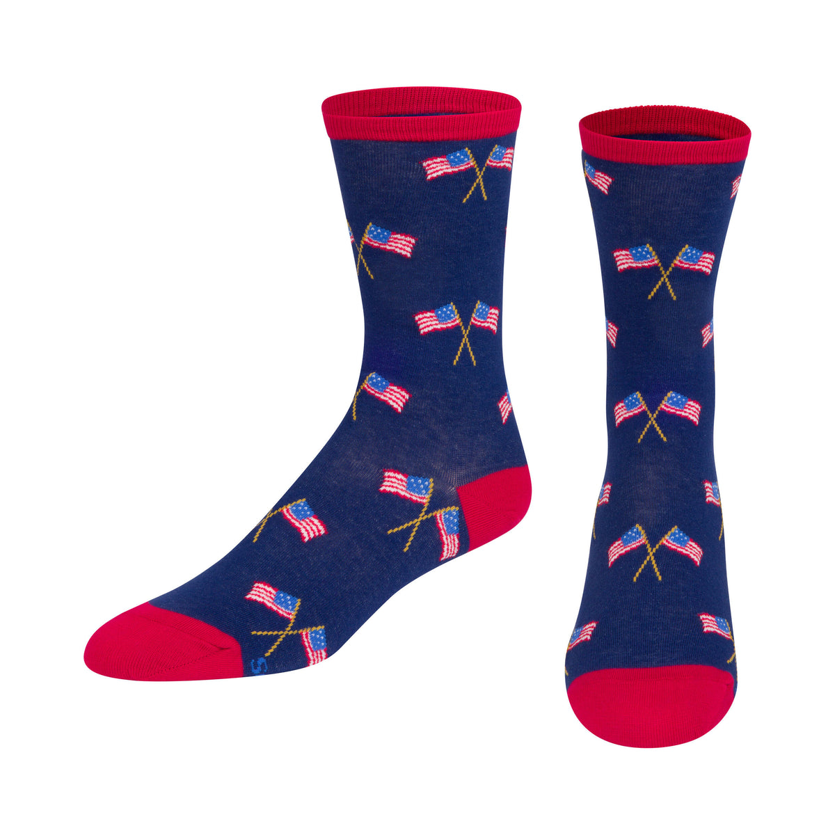 Navy socks with red accents and small flag pattern on a white background