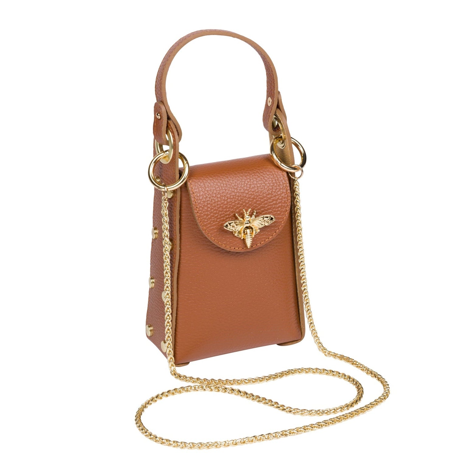 Tan leather handbag with a gold butterfly clasp on a white background