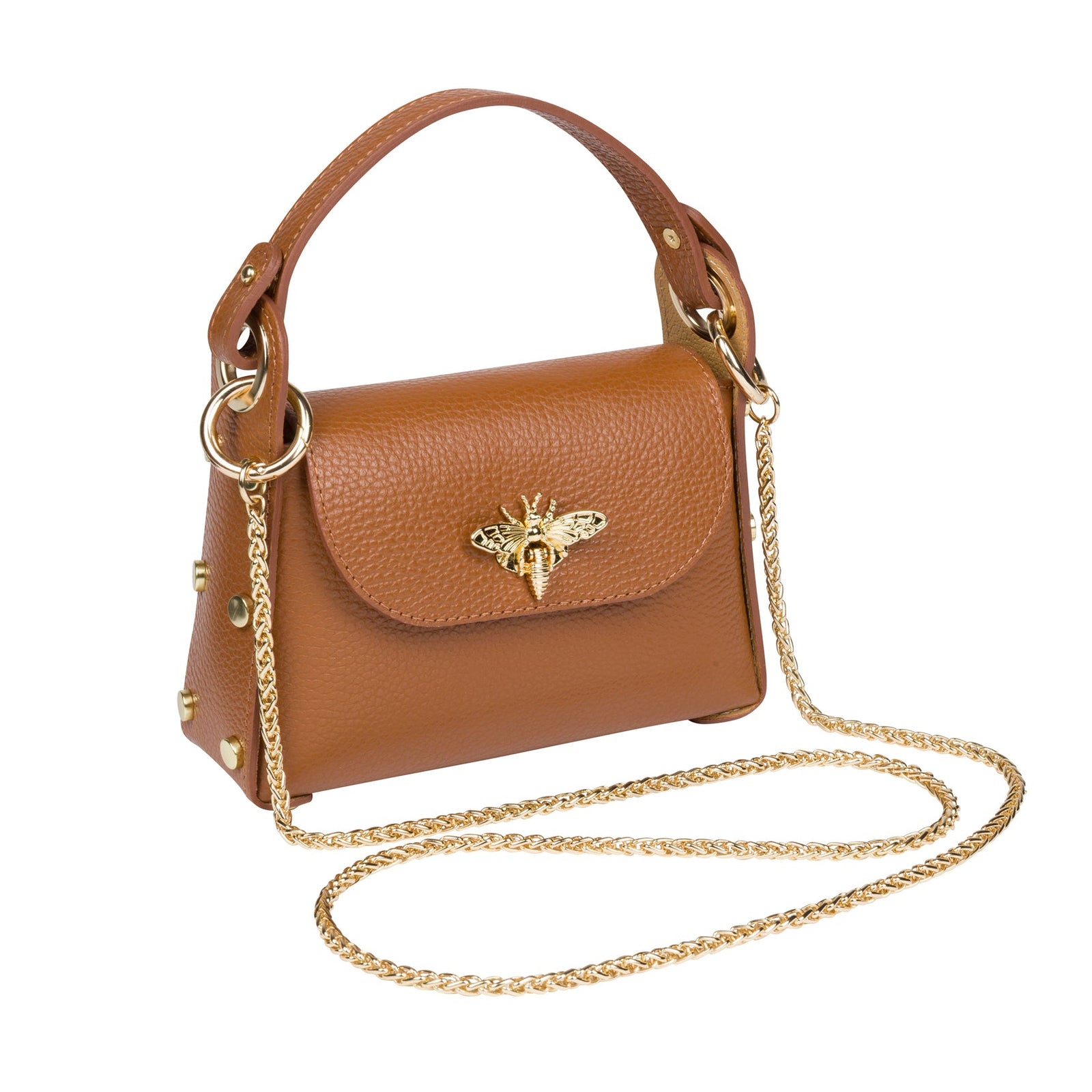Tan leather handbag with a gold bee clasp on a white background