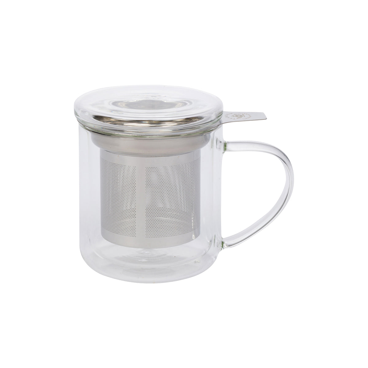 Clear glass mug with a metal mesh infuser filter and a clear lid, shown on a plain white background.