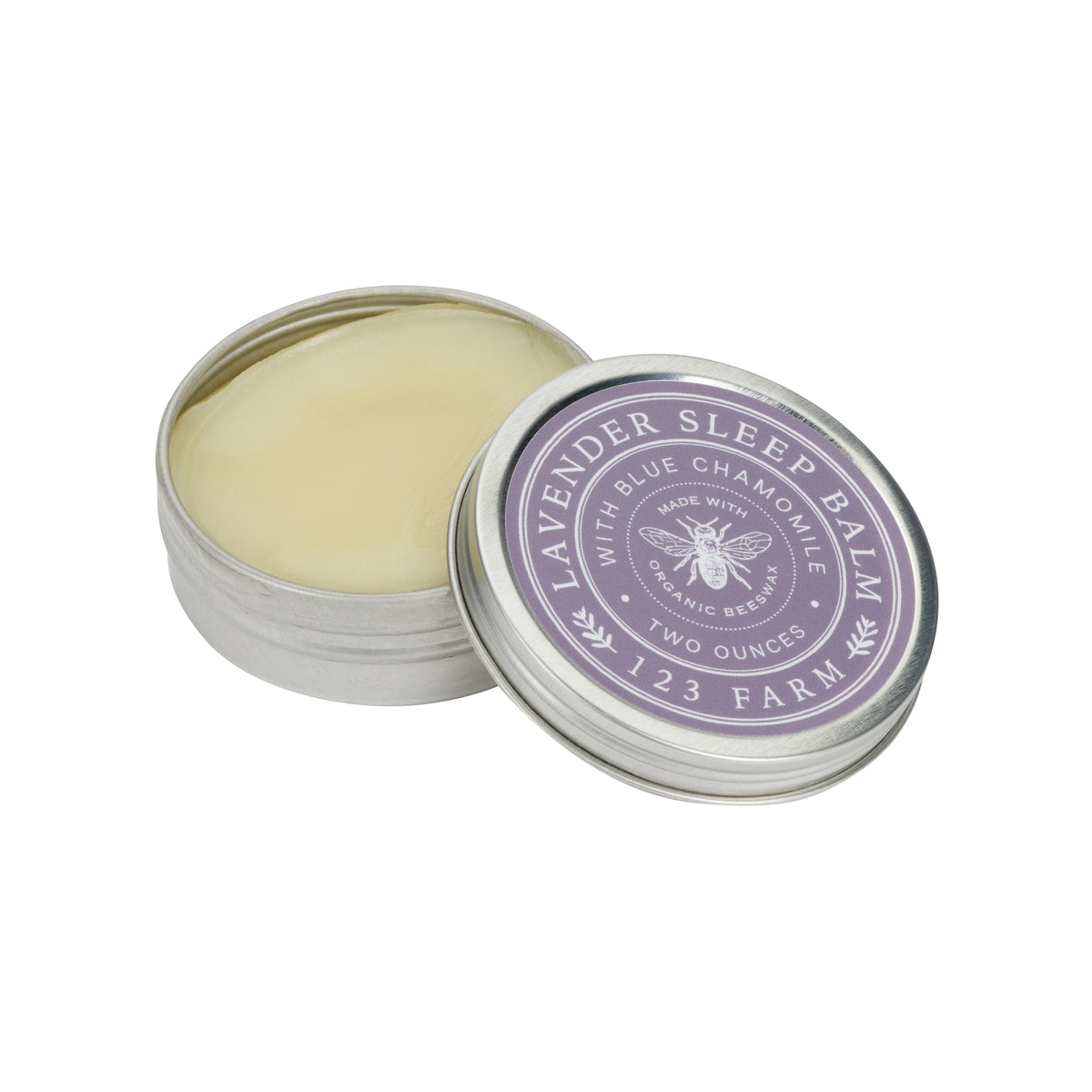 Lavender sleep balm with a metal container on a white background