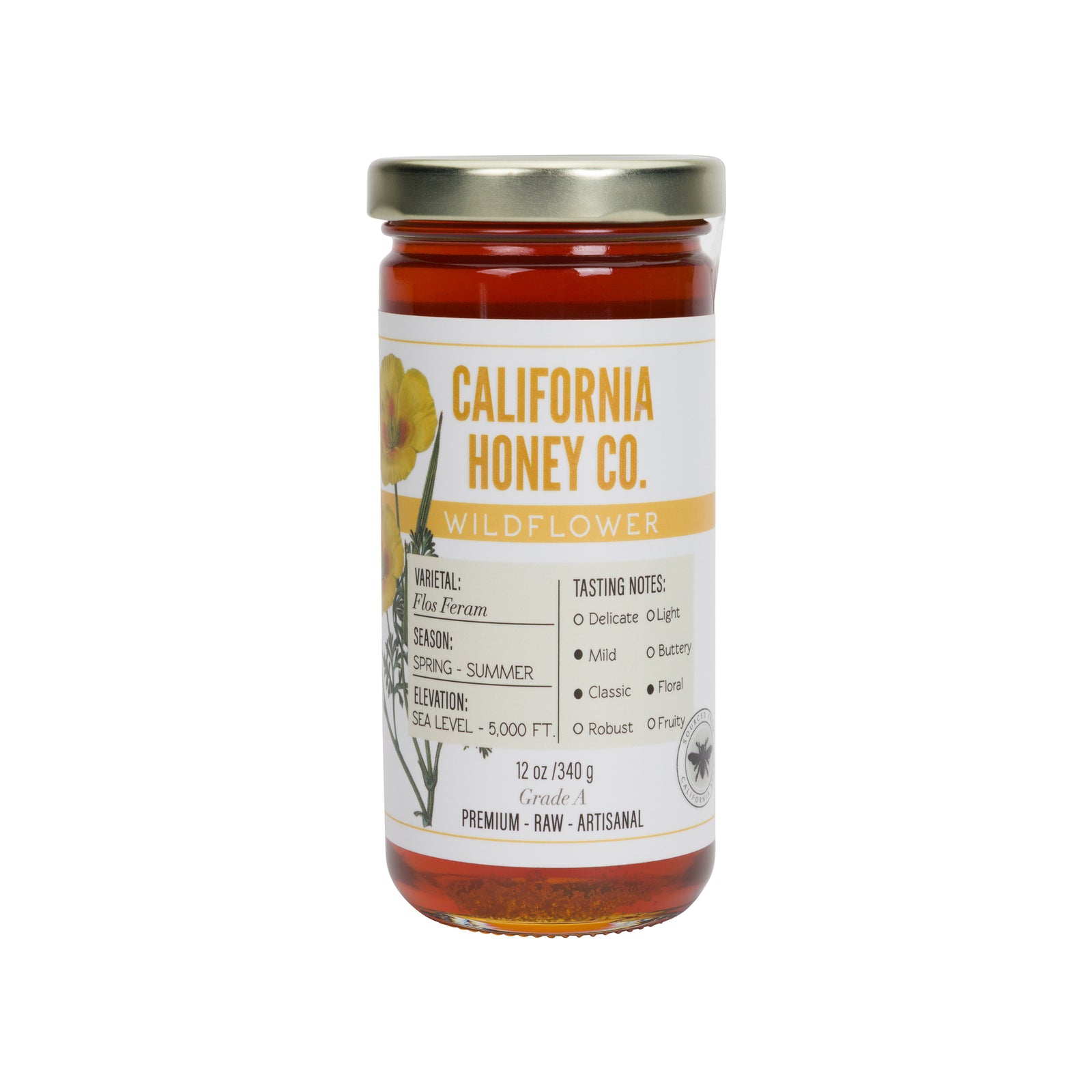 Jar of California Honey Co. Wildflower honey on a white background