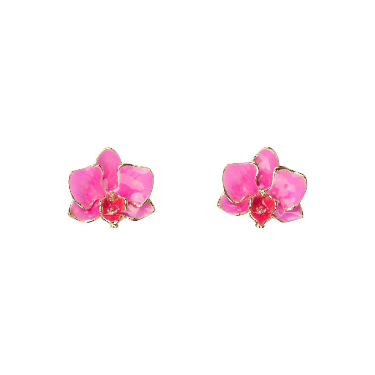 Pair of pink orchid-shaped earrings on a white background